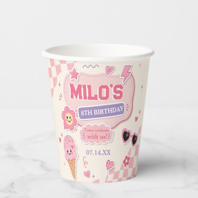 Vasos De Papel Cumpleaños de niña rosa retro (Anverso)