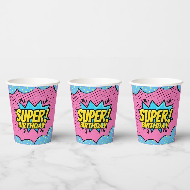 Vasos De Papel Cumpleaños de niña superheroína de cómic (Multi)
