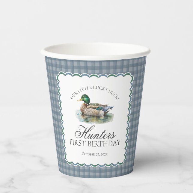 Vasos De Papel Cumpleaños de niño con patos silbones de cuadros (Anverso)