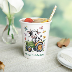 Vasos De Papel Cumpleaños de niño con vaca linda en tractor