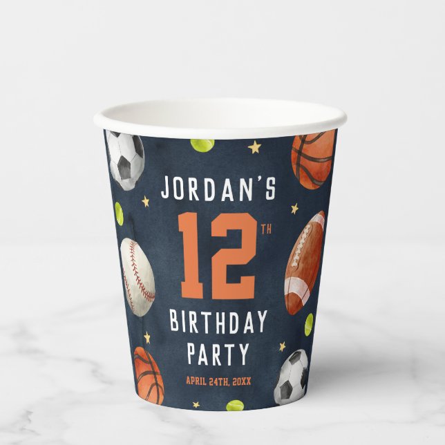Vasos De Papel Cumpleaños de Niño Deportes Navy  (Anverso)
