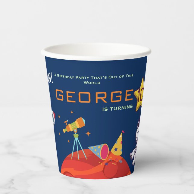 Vasos De Papel Cumpleaños de niños astronauta cohete espacial cre (Anverso)