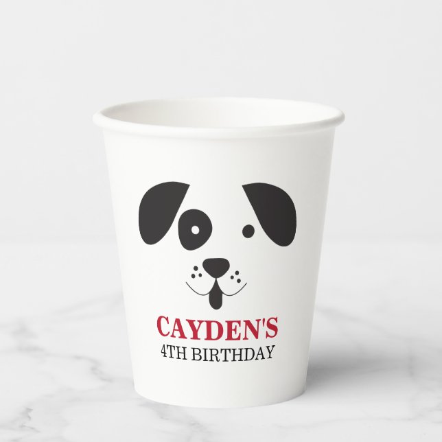 Vasos De Papel Cumpleaños de perro manchado blanco y negro (Anverso)