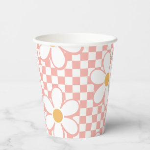 Vasos De Papel Cumpleaños de Retro Checker Pink Daisy