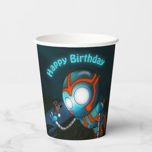 Vasos De Papel Cumpleaños de Robot y Mariposa (Reverso )