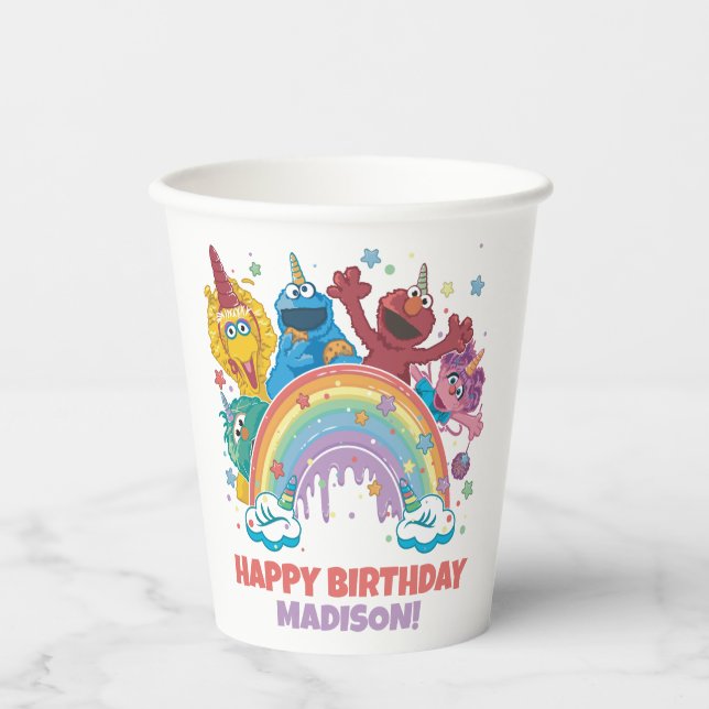 Vasos De Papel Cumpleaños de Sesame Street Rainbow Unicorn (Anverso)