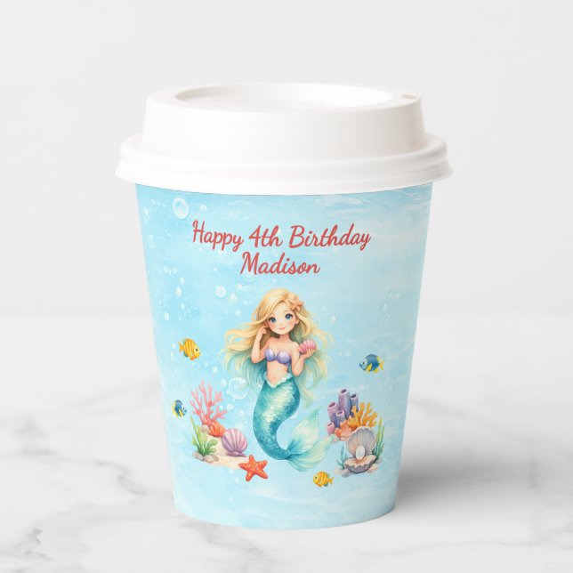 Vasos De Papel Cumpleaños de Sirena Acuarela (Anverso)