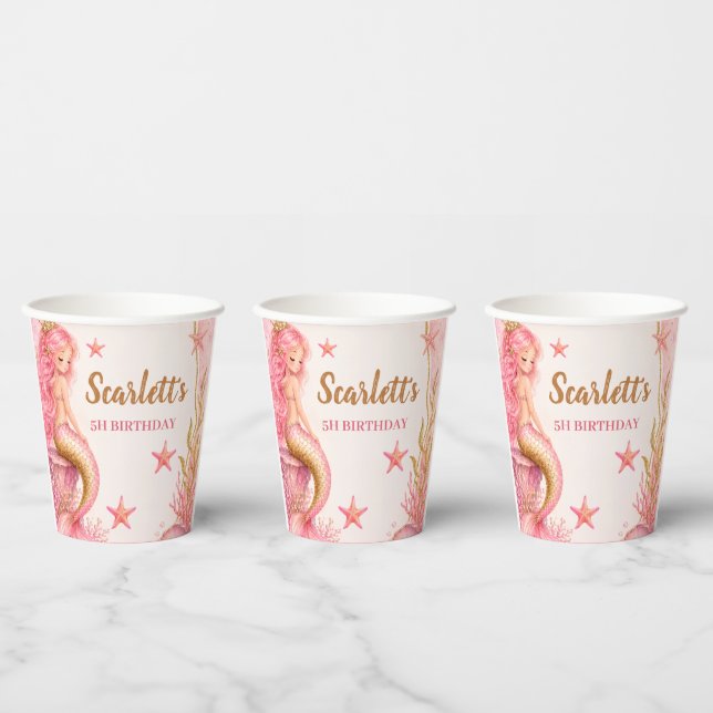 Vasos De Papel Cumpleaños de Sirena Rosa y Dorado (Multi)