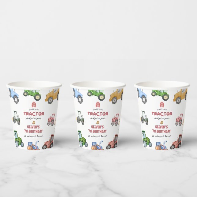 Vasos De Papel Cumpleaños de tractor acuarela para cualquier edad (Multi)