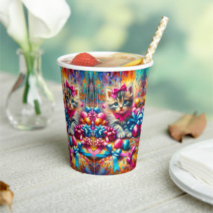 Vasos De Papel Cumpleaños de un Chica Gatito Azul y Rosa