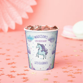 Vasos De Papel Cumpleaños de Unicornio azul mágico y púrpura