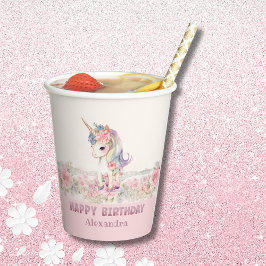 Vasos De Papel Cumpleaños de Unicornio, Chica de las flores rosad