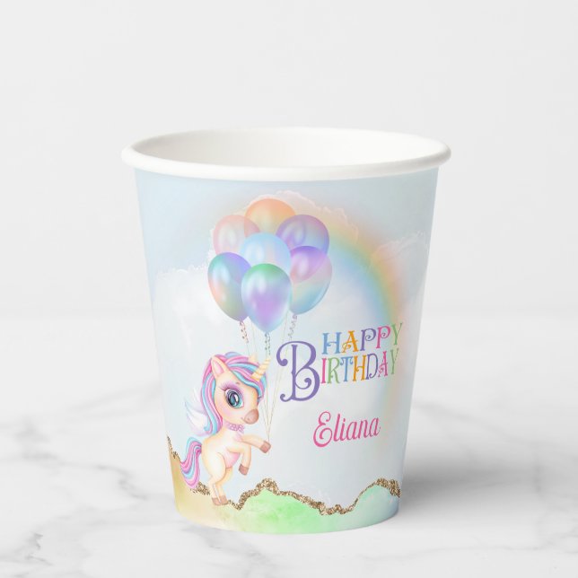 Vasos De Papel Cumpleaños de Unicornio de Arcoíris Mágico (Anverso)