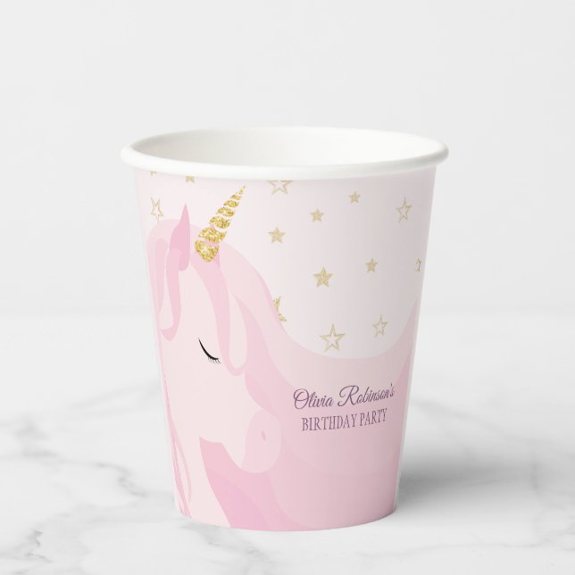 Vasos De Papel Cumpleaños de Unicornio de Oro Rosa Mágico (Anverso)