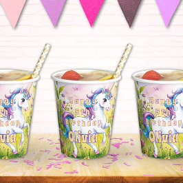 Vasos De Papel Cumpleaños de Unicornio Pastel Mágico Personalizad