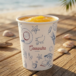 Vasos De Papel Cumpleaños de verano en la playa azul y roja moder
