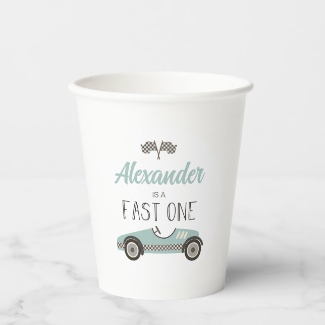 Vasos De Papel Cumpleaños del Auto de Carreras Azul Fast One (Anverso)