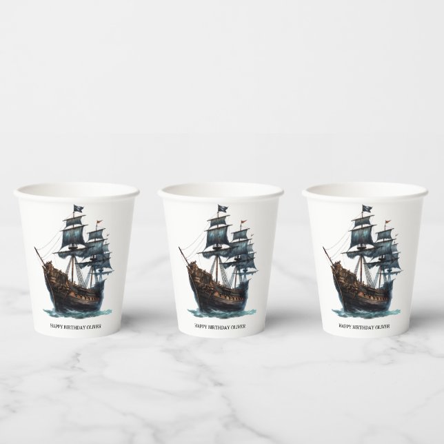 Vasos De Papel Cumpleaños del Barco Pirata Negro (Multi)