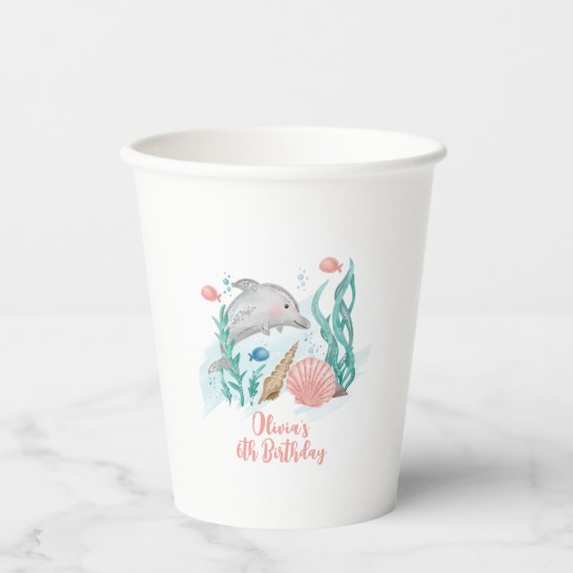 Vasos De Papel Cumpleaños del delfín bajo el mar (Anverso)