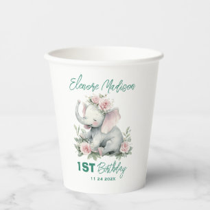 Vasos De Papel Cumpleaños del Elefante Floral Lindo