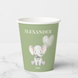 Vasos De Papel Cumpleaños del Elefante Verde Salvia con Nombre y