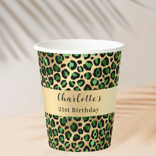 Vasos De Papel Cumpleaños del leopardo de oro verde esmeralda