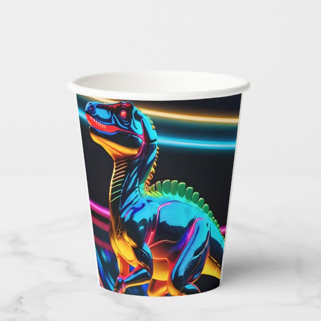Vasos De Papel Cumpleaños del niño dinosaurio de neón (Anverso)
