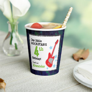 Vasos De Papel Cumpleaños del niño Rockstar con guitarra roja