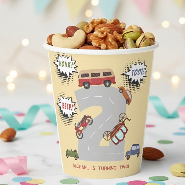 Vasos De Papel Cumpleaños del segundo niño con vehículos retro Ho (Subido por el creador)