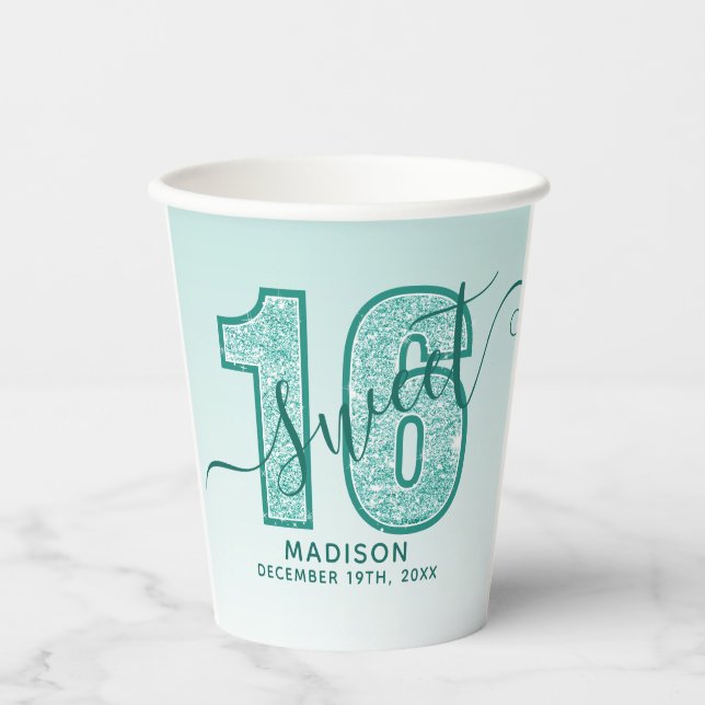 Vasos De Papel Cumpleaños Dieciséis Escritura Brillante Turquesa  (Anverso)
