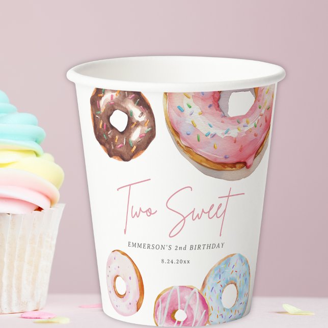 Vasos De Papel Cumpleaños Dos Dulces Donuts Acuarela 2º (Two Sweet Watercolor Donut 2nd Birthday Paper Cups)