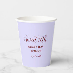 Vasos De Papel Cumpleaños dulce 16 nombre retro morado pastel mal