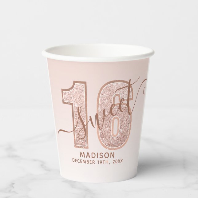 Vasos De Papel Cumpleaños Dulces 16 Escritura Brillo Oro Rosa (Anverso)