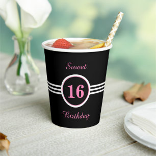 Vasos De Papel Cumpleaños Dulces 16 Rosados en Fiesta Negra
