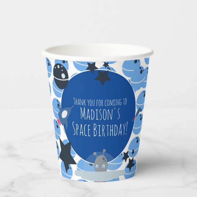 Vasos De Papel Cumpleaños Espacial Tema Alien Azul  (Anverso)