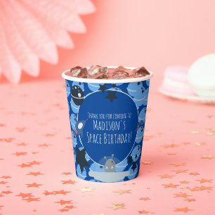 Vasos De Papel Cumpleaños Espacial Tema Alien Azul Patrón