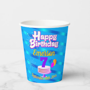 Vasos De Papel Cumpleaños feliz con franjas de degradado en AZUL