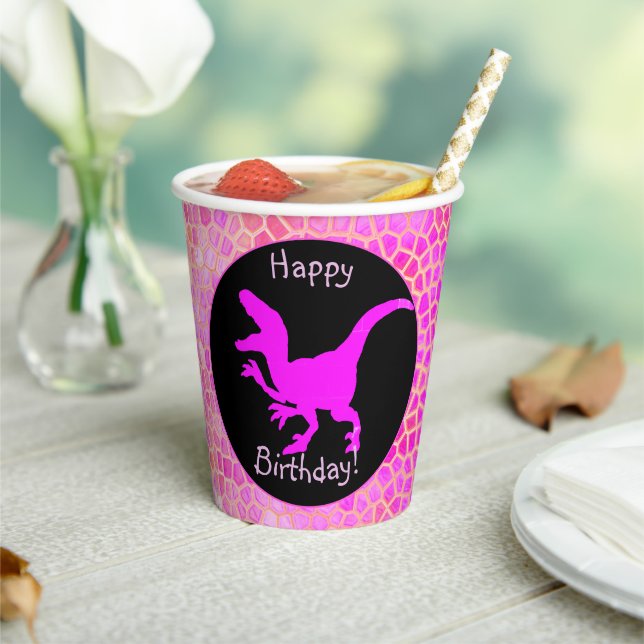 Vasos De Papel ¡Cumpleaños feliz de cuero de dinosaurio rosa! (in situ)