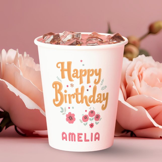 Vasos De Papel Cumpleaños Feliz Flores Florales Letra a Mano (Subido por el creador)