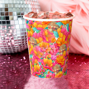 Vasos De Papel Cumpleaños Fiesta Bola de Discoteca Dorada Floral 