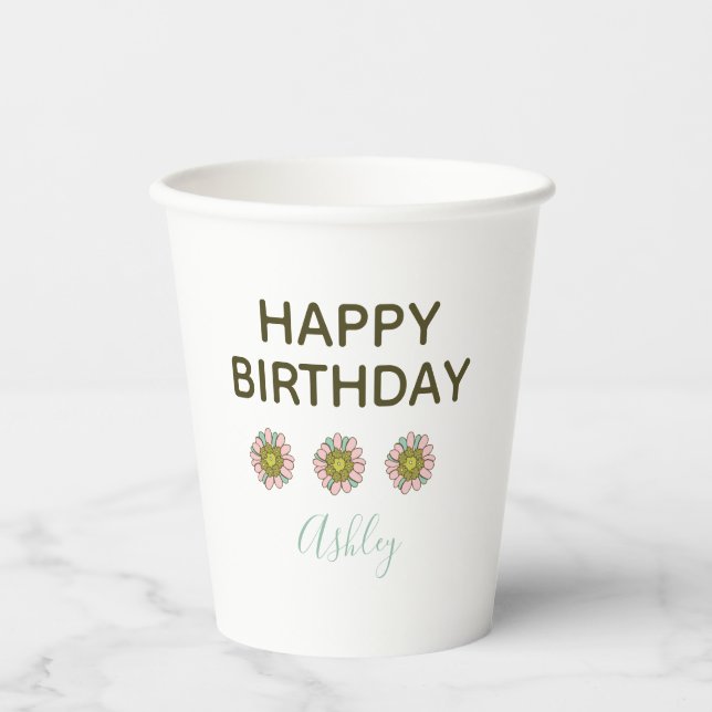 Vasos De Papel Cumpleaños Floral Retro Rosa Turquesa (Anverso)