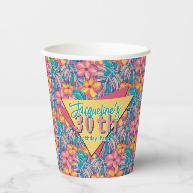 Vasos De Papel Cumpleaños floral rosa y amarilla retro (Anverso)
