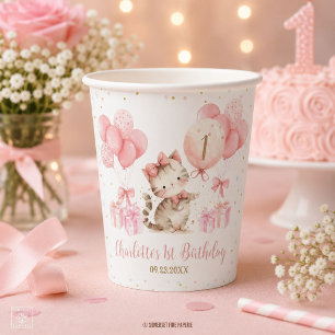 Vasos De Papel Cumpleaños gatito adorable globos rosados 1er 2do