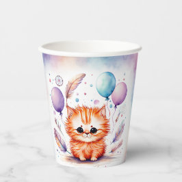 Vasos De Papel Cumpleaños Globos Gatito Rojo Acuarela Adorable