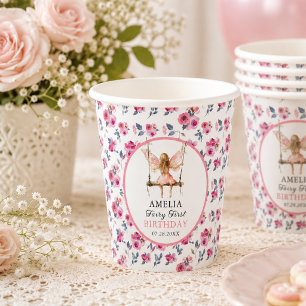 Vasos De Papel Cumpleaños hadas acuarela floral niñas 1er