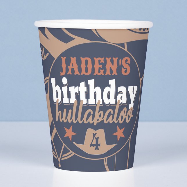 Vasos De Papel "Cumpleaños Hullabaloo": Fiesta de Bday de Cowboy  ("birthday hullabaloo" Cowboy Wild West western country boys birthday party paper cup custom name)