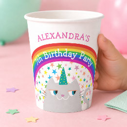 Vasos De Papel Cumpleaños Infantil Gato Unicornio Arcoíris