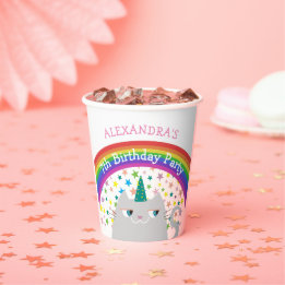 Vasos De Papel Cumpleaños Infantil Gato Unicornio Arcoíris