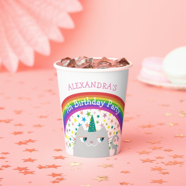 Vasos De Papel Cumpleaños Infantil Gato Unicornio Arcoíris (in situ)