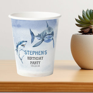 Vasos De Papel Cumpleaños Jawsome de Tiburón Blanco  Acuarela